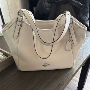 Coach Cream Shoulder Bag with Pebbled Leather and Silver Hardware